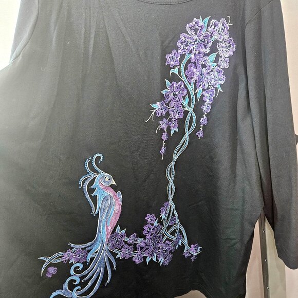 Bob Mackie Top Blouse 2X Wearable Art Peacock Bird Bling Sequined 3/4 Sleeves - Picture 2 of 12